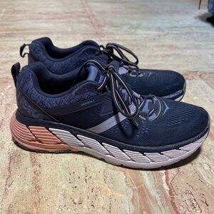 Hoka Black and Gray Athletic Shoes with Pink Accents